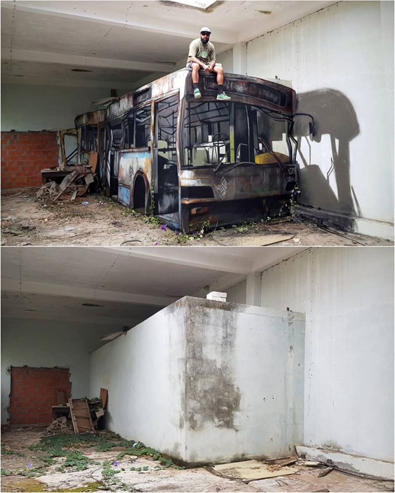 street artist odeith turns block wall into bus 1 Street Artist Transforms Old Block Wall Into Something Far More Creative