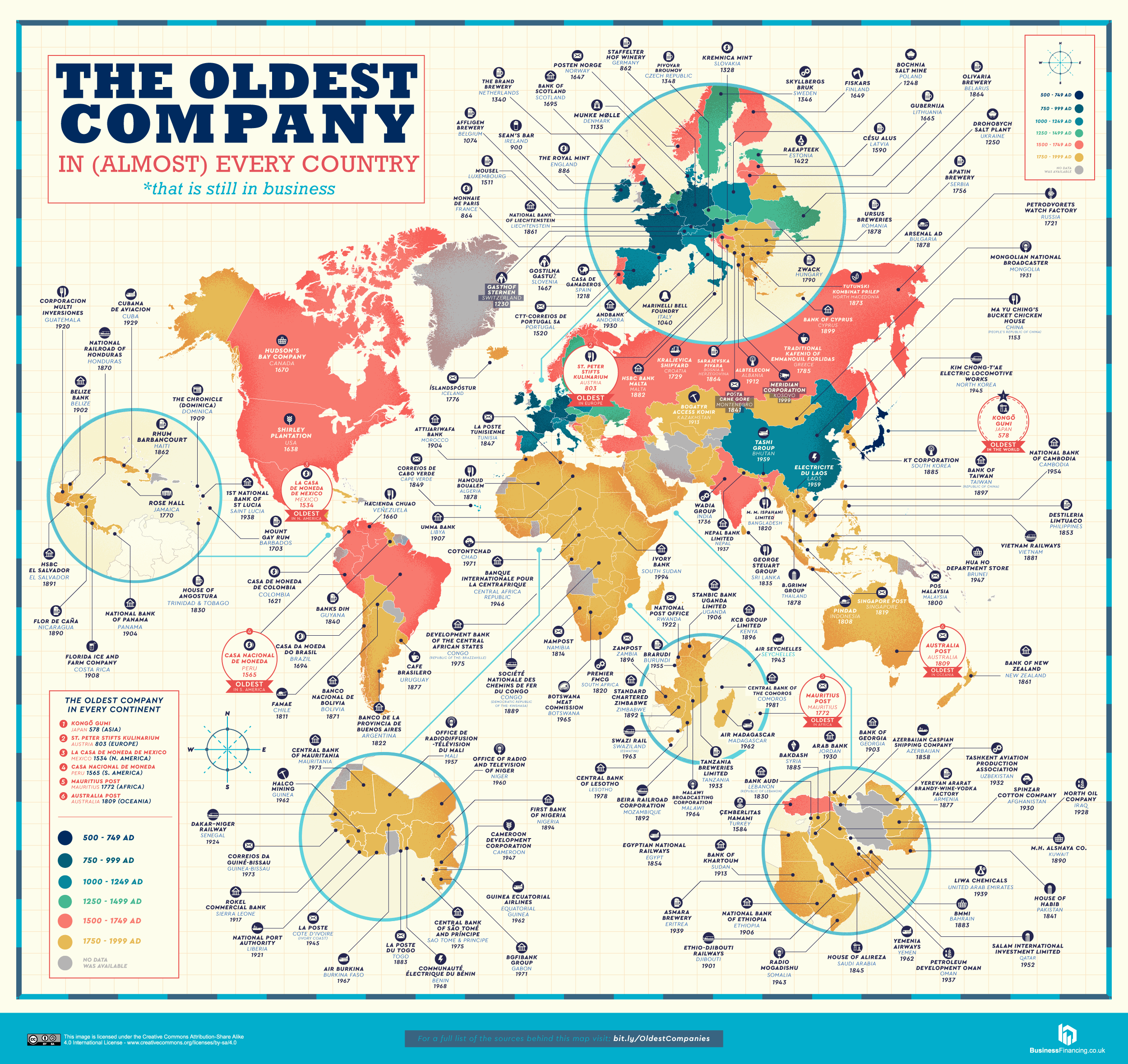 world map the oldest company in every country world A World Map of the Oldest Company in Every Country (Still in Business)