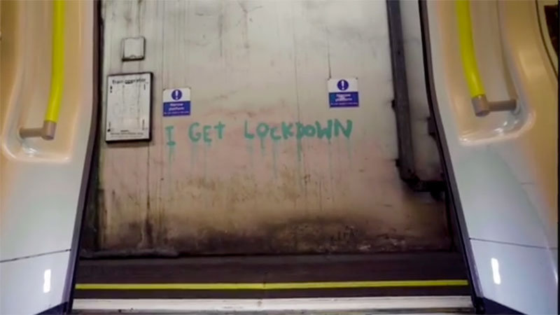 banksy strikes london tube july 2020 6 I get lockdown. But I get up again   Banksy Strikes London Tube with Mask Message