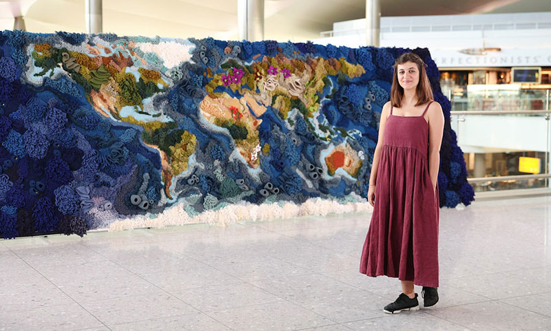 knit yarn wool tapestry of the world map by vanessa barragao 00003 Handmade from Recycled Wool, this 20 ft Long Tapestry of the World is Incredible
