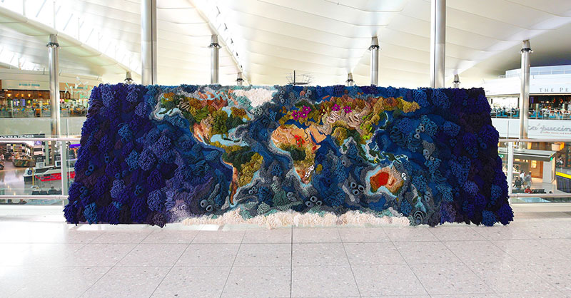 knit yarn wool tapestry of the world map by vanessa barragao 00008 Handmade from Recycled Wool, this 20 ft Long Tapestry of the World is Incredible