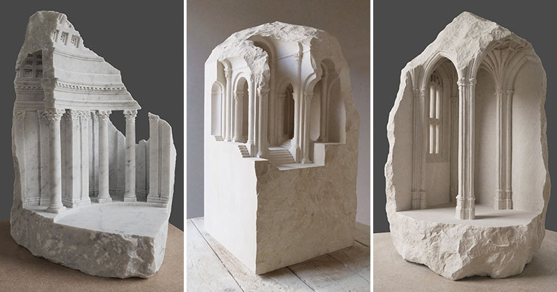 Small Scale Classical Architecture Carved Into Chunks of Raw Marble and Limestone