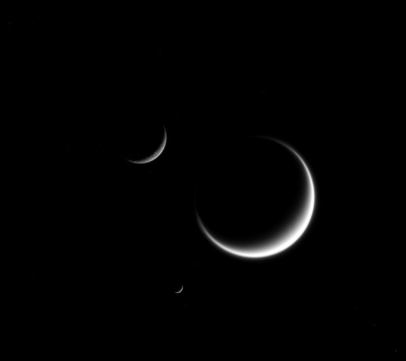 triple crescent moons saturn nasa jpl Cassini Captures Triple Crescent Moons Orbiting Saturn