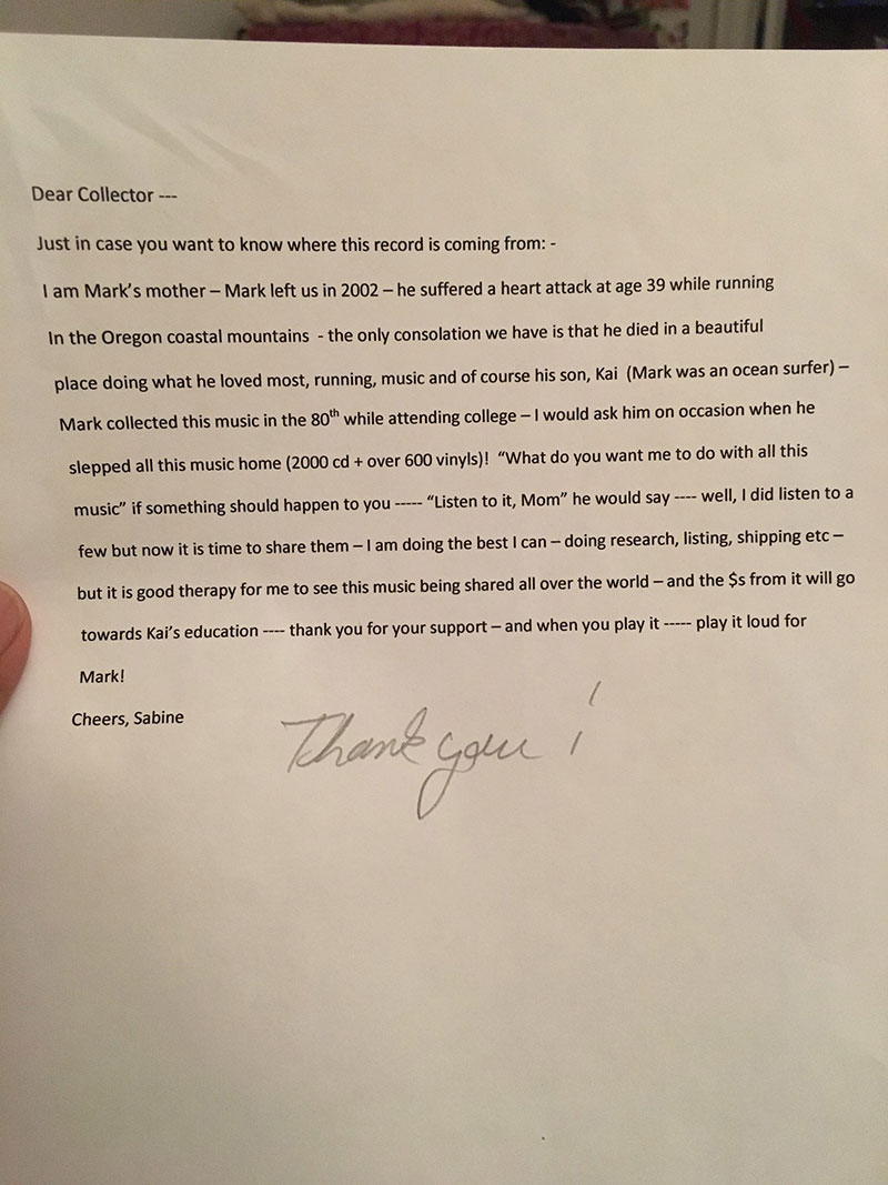 letter to vinyl buyer collector mom son He Bought a Soundgarden Vinyl and Found a Most Unexpected Letter Inside