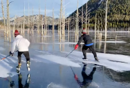Two Kids Play Hockey On Montana’s Frozen Quake Lake