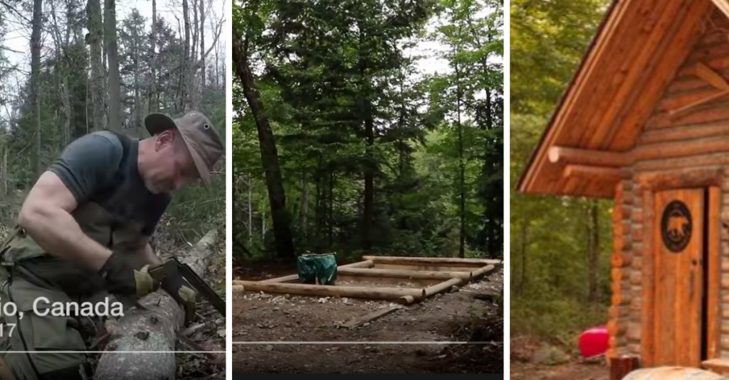 Timelapse of Lone Man Building a Log Cabin in the Forest
