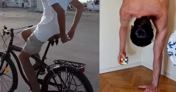 Man Solves Rubik’s Cube While Doing a One-Handed Handstands and More Feats