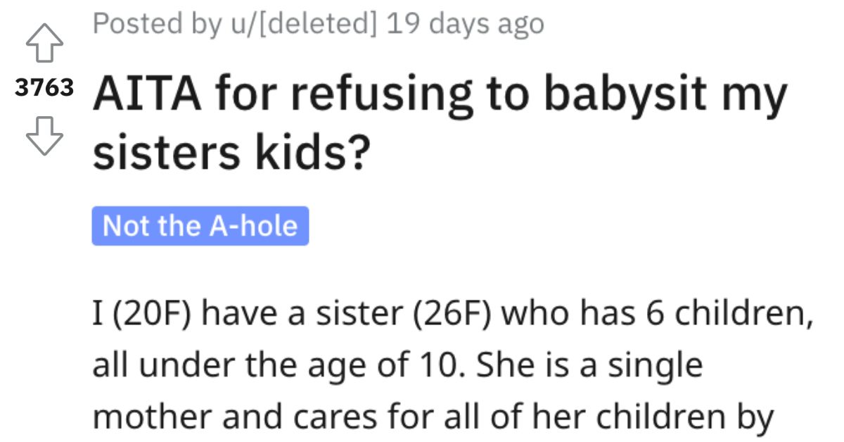 Woman Asks if She's Wrong for Refusing to Watch Her Sister's Kids