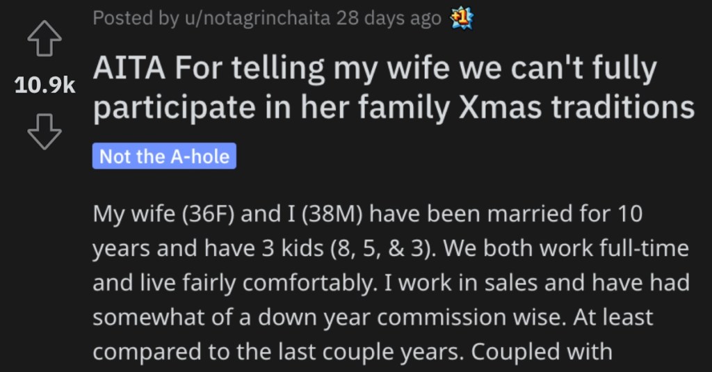 Man Asks if He’s Wrong for Telling His Wife They Can’t Fully Participate in Her Family’s Christmas Traditions