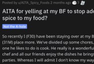 She Yelled at Her Boyfriend for Putting Spice in Her Food. Did She Go Too Far?