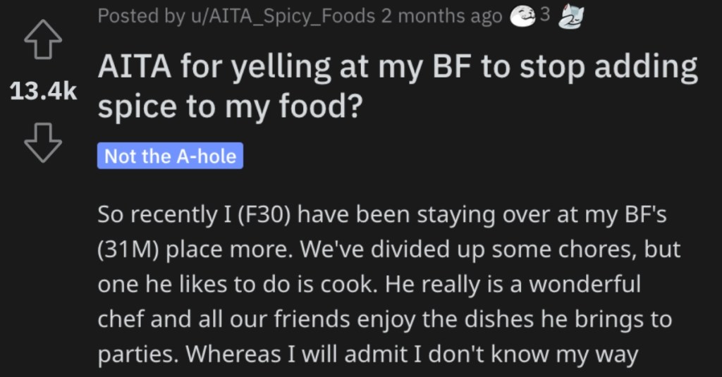 She Yelled at Her Boyfriend for Putting Spice in Her Food. Did She Go Too Far?