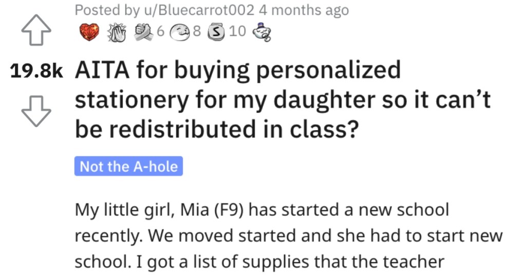 Mom Asks if She’s Wrong for Buying Her Daughter Personalized Stationary That Can’t Be Redistributed at School