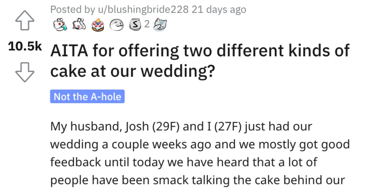 She Ordered Two Different Cakes for Her Wedding. Is She a Jerk?