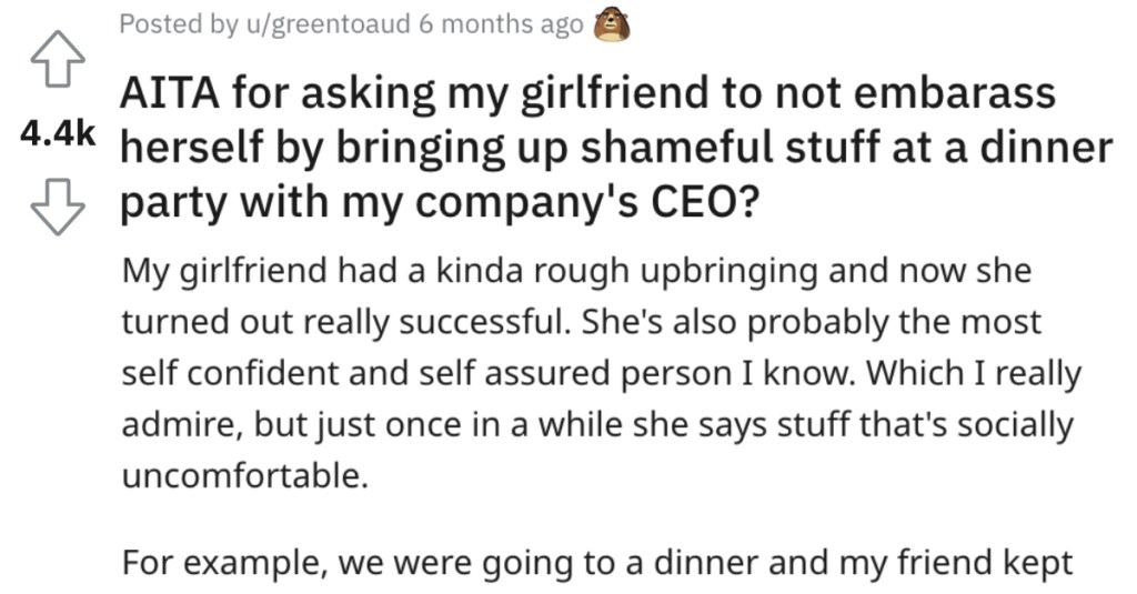 He Told His GF Not to Embarrass Herself at a Work Dinner Party. Did He Go Too Far?