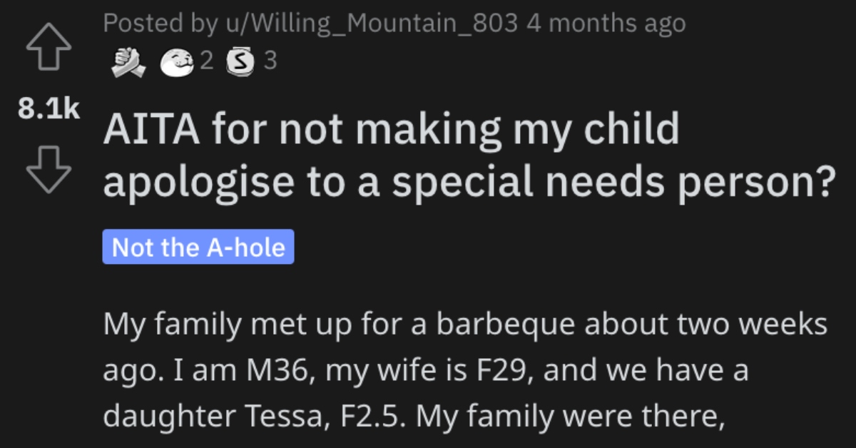 Is He Wrong for Not Making His Daughter Apologize to a Special Needs Person? Here's What People Said.