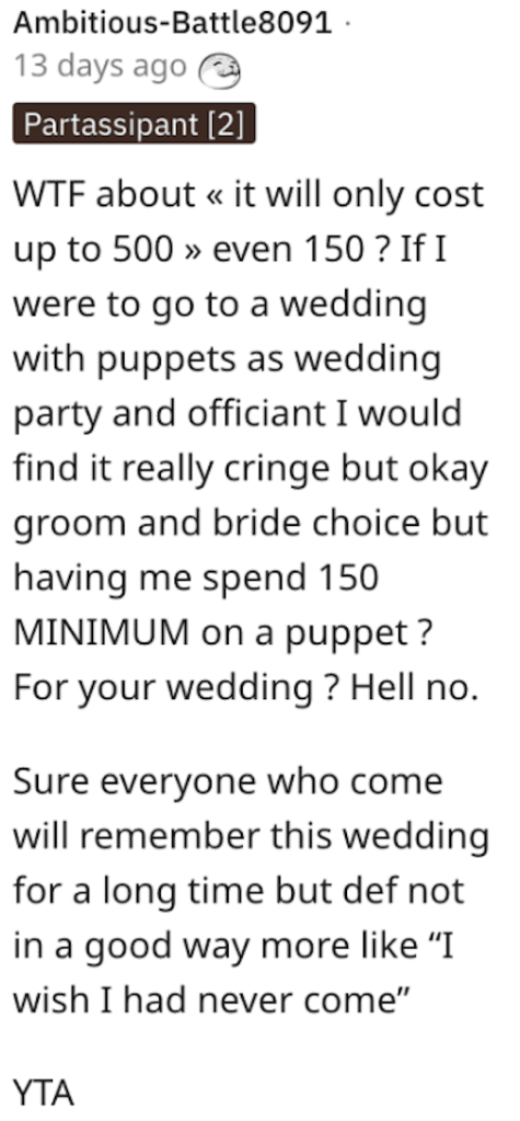 Screen Shot 2023 01 11 at 11.06.31 AM Are They Wrong for Making People Participate in Their Puppet Themed Wedding? People Responded.
