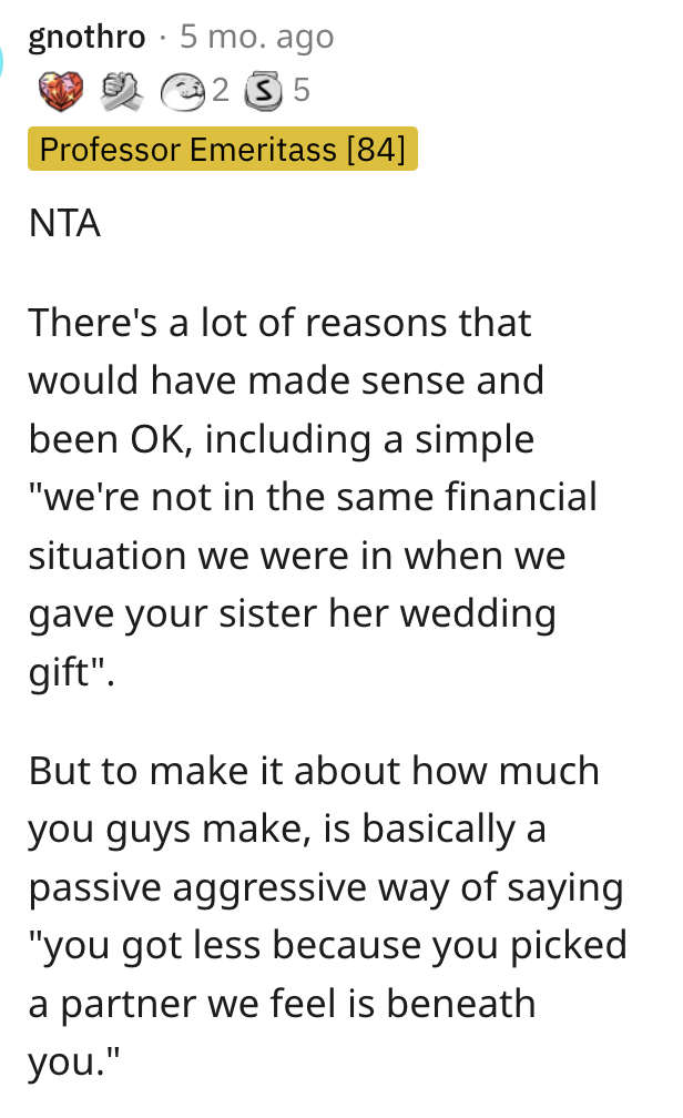 Screen Shot 2023 01 24 at 12.13.41 PM This Woman Learned Her Wedding Gift From Her Parents Was Smaller Than Her Sisters. Is She Right To Be Mad?