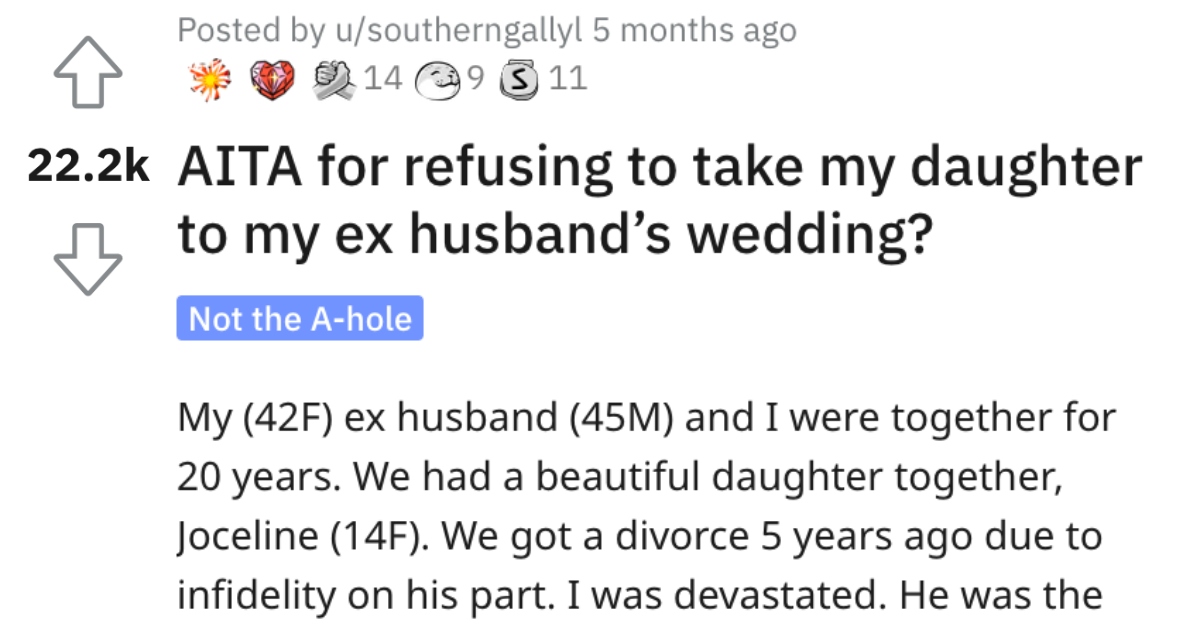 She Refuses to Take Her Daughter to Her Ex-husband's Wedding. Is She Wrong?