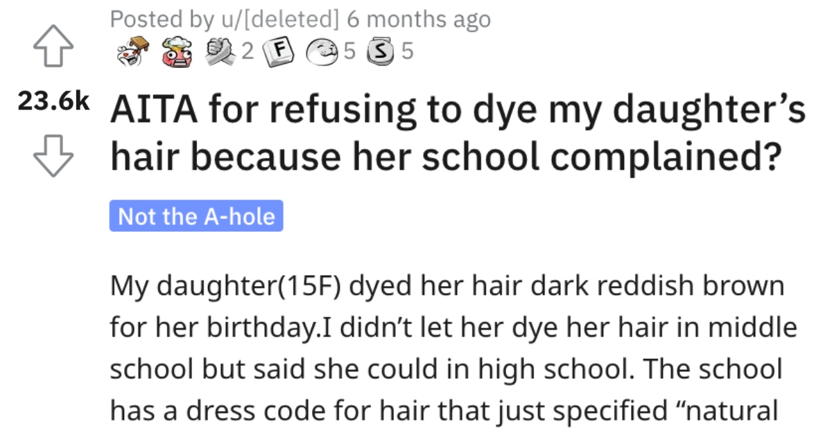 Woman Asks if She's Wrong for Refusing to Dye Her Daughter's Hair Because Her School Complained