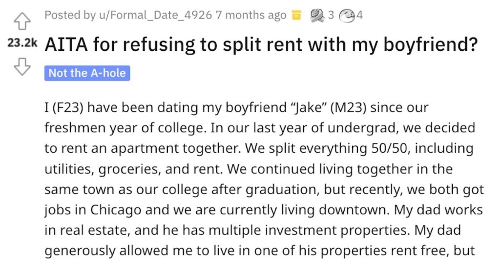 This Woman Doesn't Want To Split Rent, And Her Boyfriend Doesn't Like It