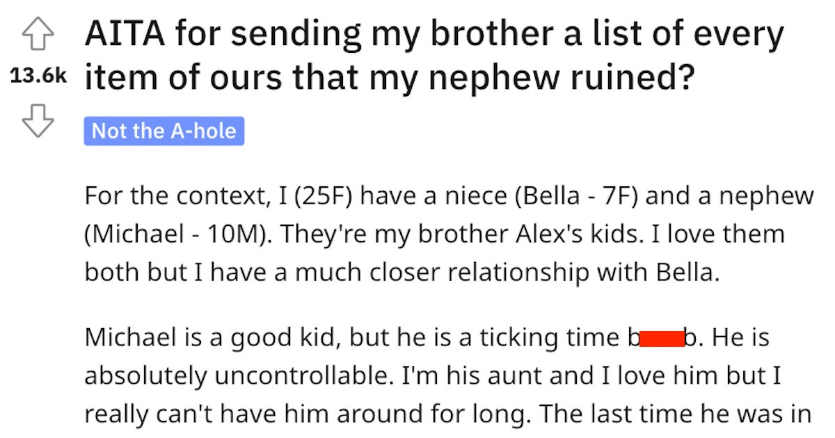 Is She Wrong For Sending Her Brother A List Of The Things His Son 