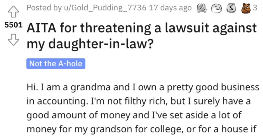  Is She Wrong for Threatening to Sue Her Daughter In Law? People Shared Their Thoughts.