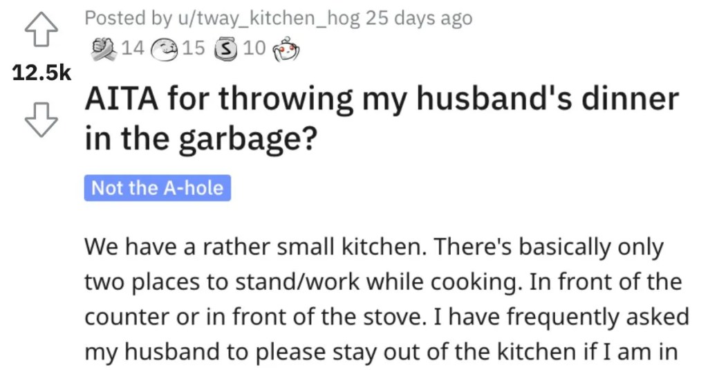  Woman Asks if She’s a Jerk for Throwing Her Husbands Dinner in the Garbage