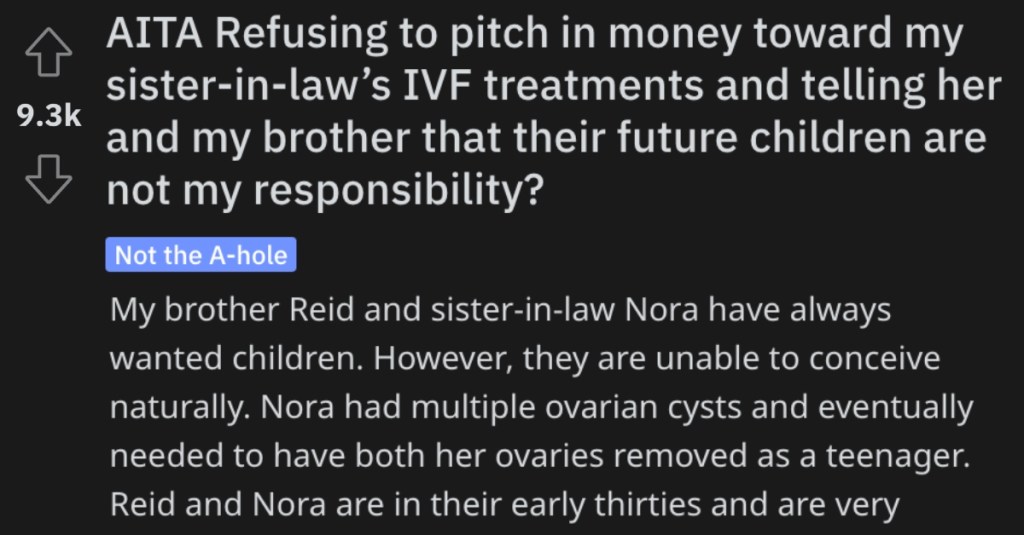 AITAIVFTreatments 1 She Won’t Pitch in Money Toward Her Sister In Law’s IVF Treatments. Is She Wrong?