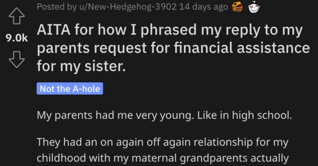 AITASisterFinancialAssistance Is He Wrong for How He Replied to His Parents About a Financial Request? Here’s What People Said.