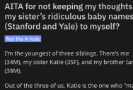 Man Asks if He’s Wrong for Telling His Sister What He Thought About Her Baby Names