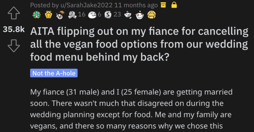She’s Mad Because Her Fiancée Canceled the Vegan Food Options at Their Wedding. Is She Wrong?