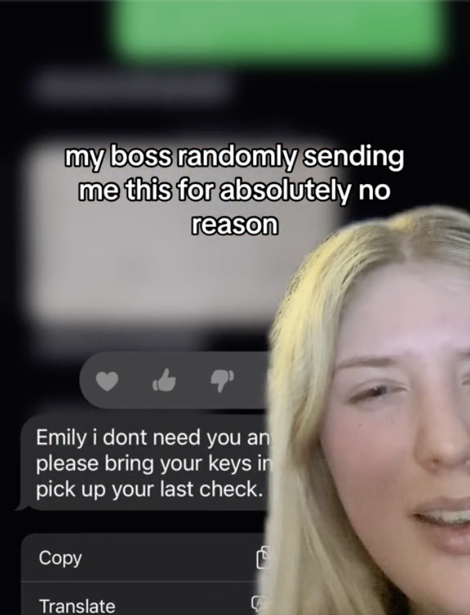 Screen Shot 2023 07 30 at 4.02.02 PM Emily i dont need you anymore. TikToker Shows How She Got Fired Without Warning And For Absolutely No Reason
