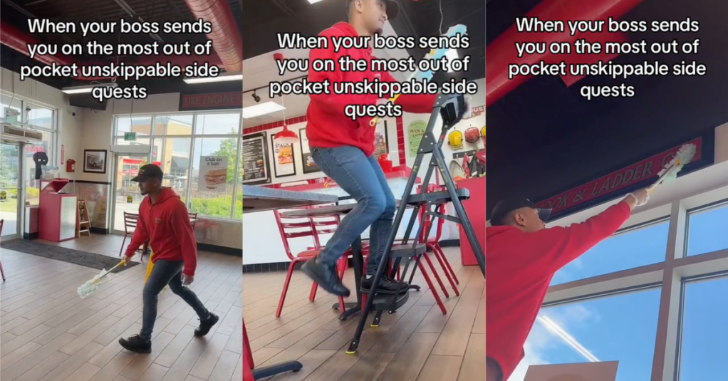 TikTokFirehouseSideQuest I had to wipe down tables in the rain. A Firehouse Subs Employee Said His Boss Sends Him on “Side Quests” When the Store Is Slow