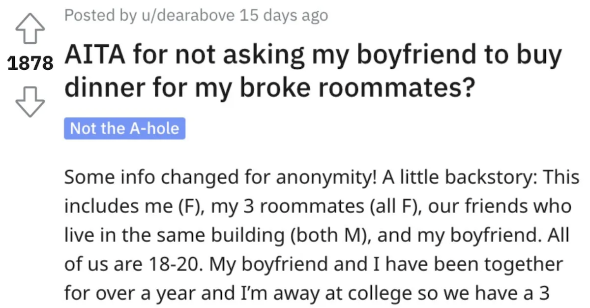 Boyfriend Buy Dinner Roommate AITA 2 Is This Woman Wrong For Not Making Sure Her Broke Roommates Ate Dinner?
