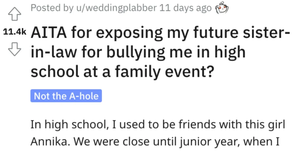 'I felt sick seeing her again.' Woman Asks if She’s Wrong for Exposing Her Future Sister-In-Law as a Bully at a Family Event
