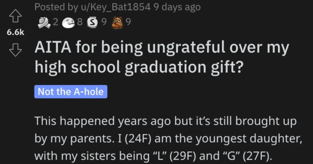 'L got a brand new Porsche, G got a $5000 purse, but a $500 bracelet was too expensive for my graduation?' Woman Asks if She’s Wrong for Being Ungrateful for Her Graduation Gift.