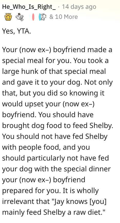 Screen Shot 2022 10 04 at 5.49.00 PM copy Her Boyfriend Cooked Her Dinner And She Shared Some Of It With Her Dog. Was She Wrong?