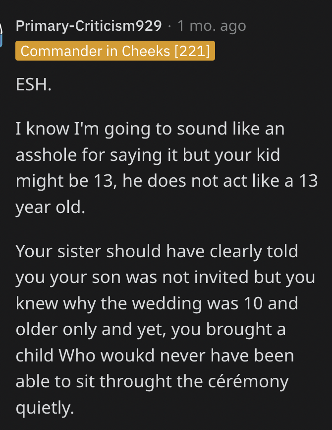 Screen Shot 2023 08 02 at 11.18.59 PM She got upset and went and complained to our mom. Man Wants To Know If Bringing His 13 Year Old Disabled Son To His Sisters No Kids Under 10 Wedding Was Rude