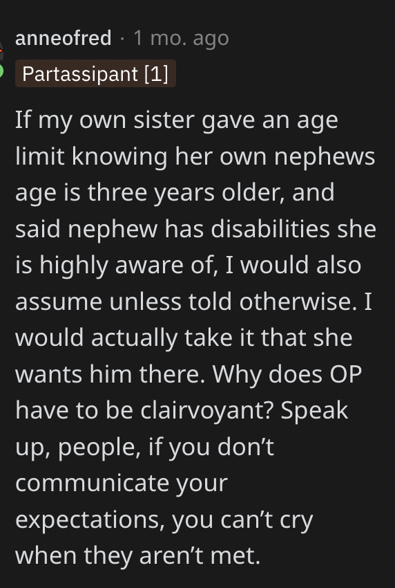 Screen Shot 2023 08 02 at 11.23.36 PM She got upset and went and complained to our mom. Man Wants To Know If Bringing His 13 Year Old Disabled Son To His Sisters No Kids Under 10 Wedding Was Rude