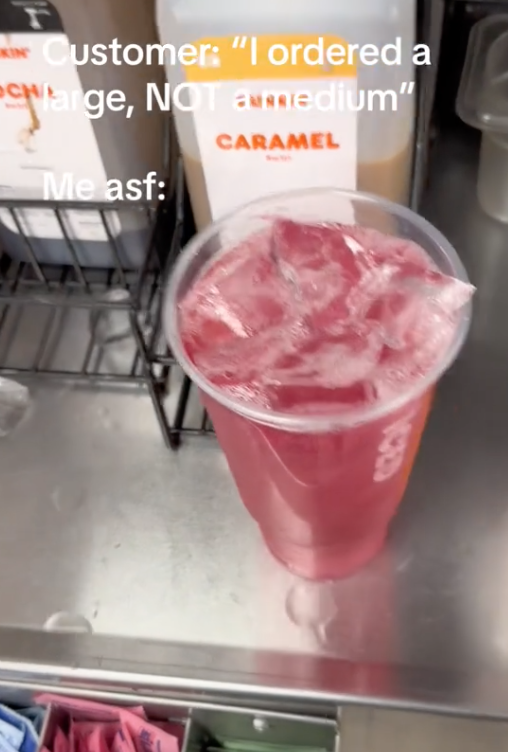 Screen Shot 2023 08 03 at 4.50.44 PM A Dunkin’ Donuts Employee Shows How They Upgrade a Customer’s Drink by Pouring a Medium Into a Large Cup and Adding Ice