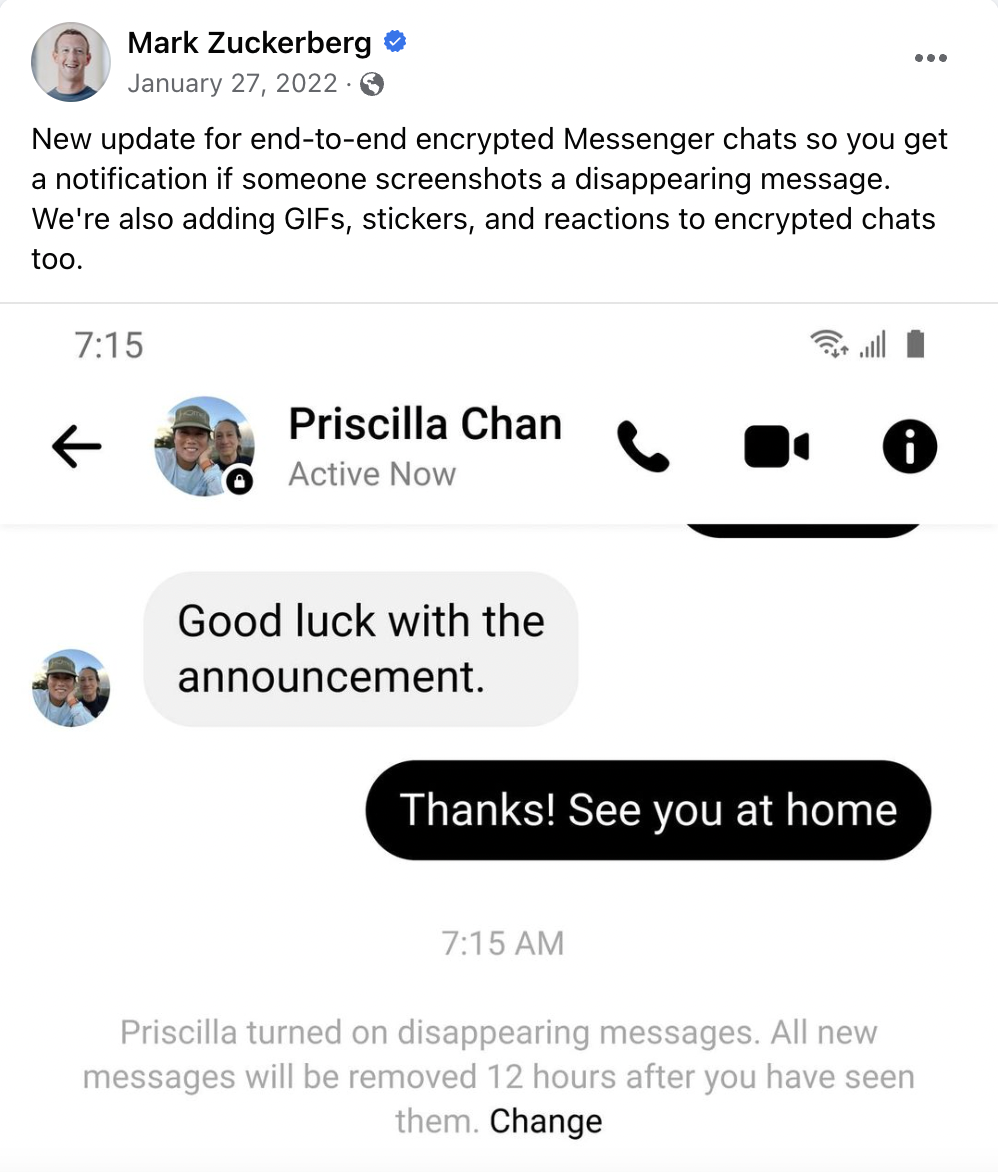 Screen Shot 2023 08 10 at 11.56.09 AM Mark Zuckerberg Warns Users That Screenshotting Encrypted Messenger Chats Will Now Trigger Alerts