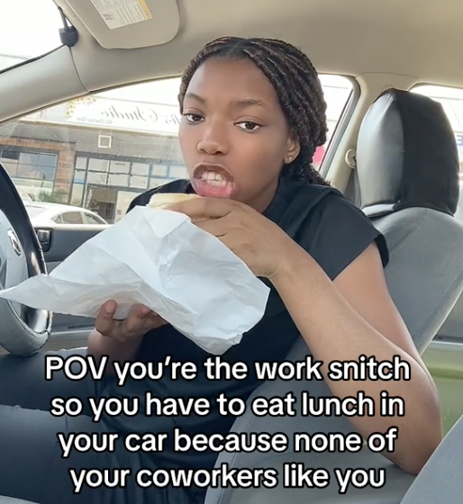 Screen Shot 2023 08 12 at 6.29.58 PM Serves you right! A Woman Said She Eats Her Lunch in Her Car Because She’s Known as “The Work Snitch”