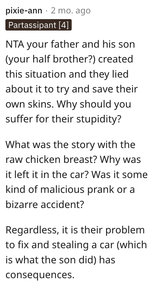 Screen Shot 2023 08 26 at 2.45.02 PM I found a piece of chicken breast rotting in my car. Guy Asks If Hes Wrong For Demanding His Family Gives Him A Car Until The One They Ruined Is Fixed