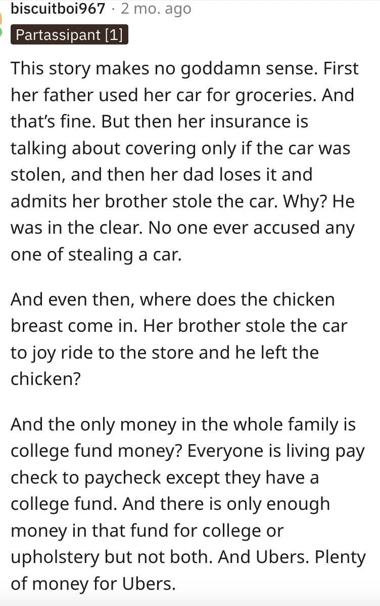 Screen Shot 2023 08 26 at 2.45.46 PM I found a piece of chicken breast rotting in my car. Guy Asks If Hes Wrong For Demanding His Family Gives Him A Car Until The One They Ruined Is Fixed
