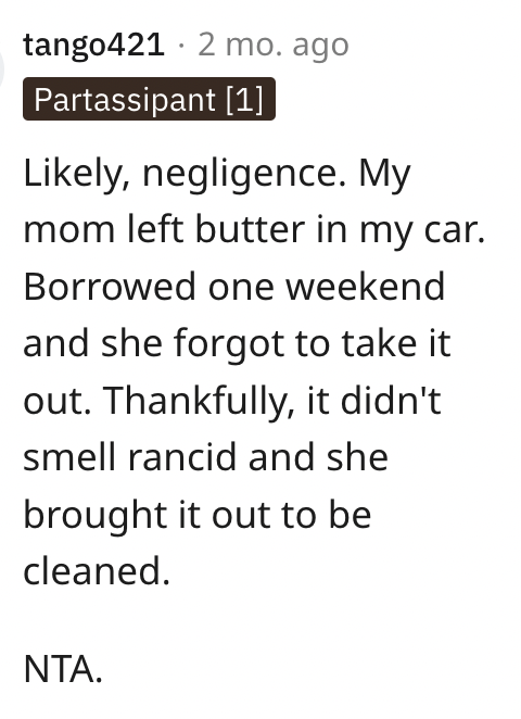 Screen Shot 2023 08 26 at 2.47.04 PM I found a piece of chicken breast rotting in my car. Guy Asks If Hes Wrong For Demanding His Family Gives Him A Car Until The One They Ruined Is Fixed