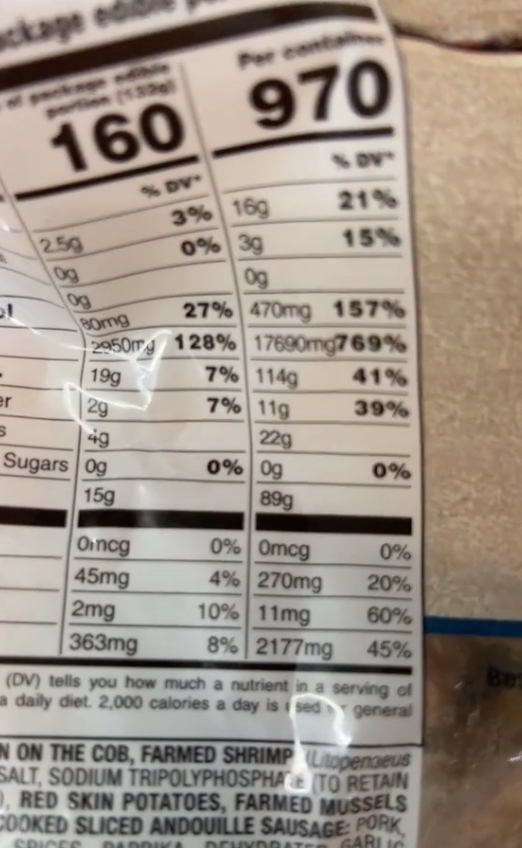 Screen Shot 2023 08 29 at 10.18.41 AM Look at this. 17,690 mg of sodium! Aldi Customer Shows The Crazy Amount of Sodium In A Bag of Seafood Boil