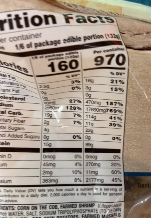 Screen Shot 2023 08 29 at 10.18.50 AM Look at this. 17,690 mg of sodium! Aldi Customer Shows The Crazy Amount of Sodium In A Bag of Seafood Boil