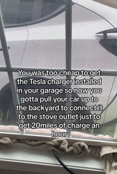 Tesla 2 Someone did this at work and it destroyed a bunch of appliances. Cheap Tesla Owner Uses Stove Outlet To Charge Their Car