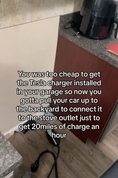Tesla Someone did this at work and it destroyed a bunch of appliances. Cheap Tesla Owner Uses Stove Outlet To Charge Their Car