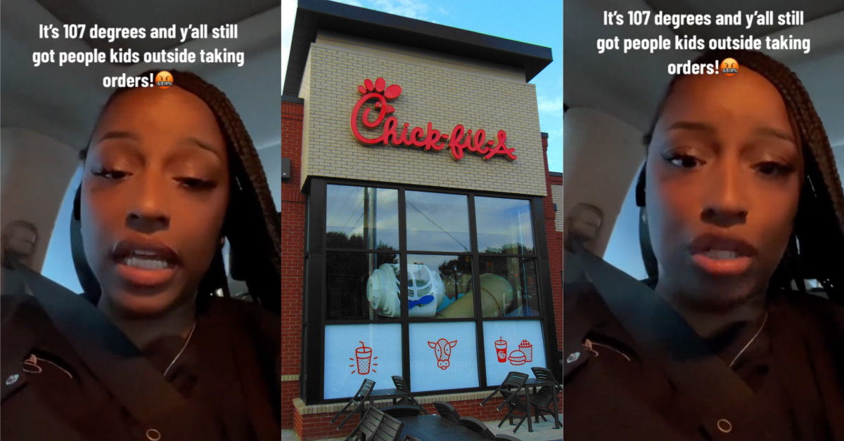 TikTokChickFilAHeat While the adults get to be inside in the AC, y’all got children out in the drive thru. A Mom Called Out Chick Fil a For Having Teen Employees Work Drive Thru In 107 Degree Heat